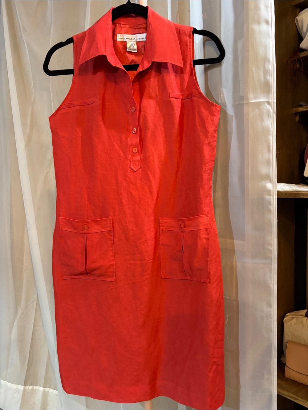 David Warren NY Silk & Linen Blend Sleeveless Coral-Red Collared Midi Dress